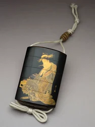 Inro depicting the Courtesan Morokoshi of Echizen-ya writing a letter
